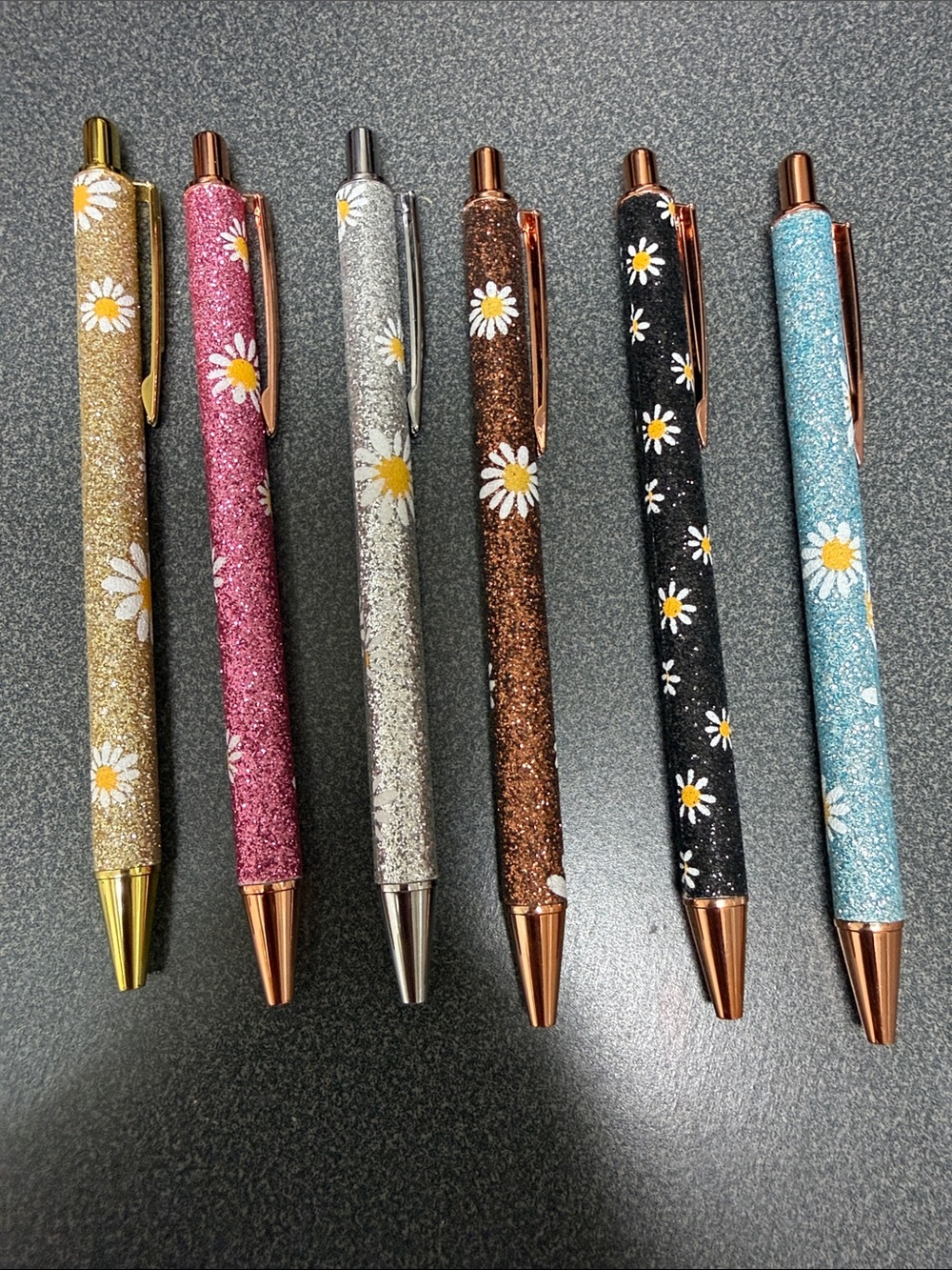 Glitter Daisy Ballpoint Pens - Assorted Colors - Black ink - Set of 6